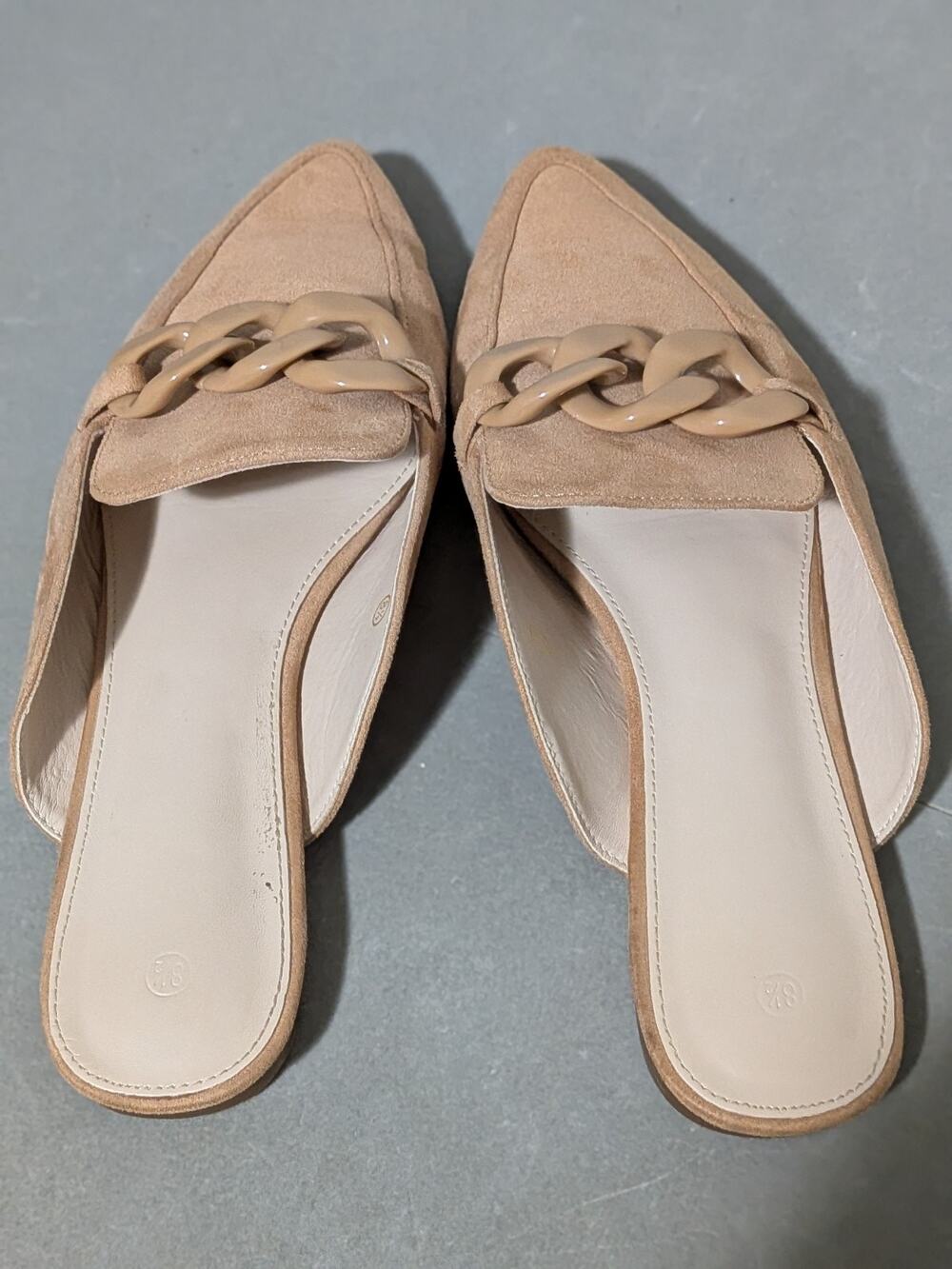 Beige Faux Suede Pointed Toe Mules Chain Accent Backless Flats Slip On Size 8.5